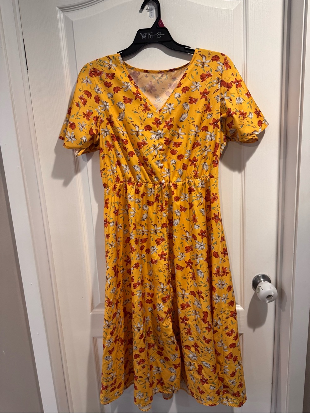 Sunny Yellow Floral V-Neck Midi Dress